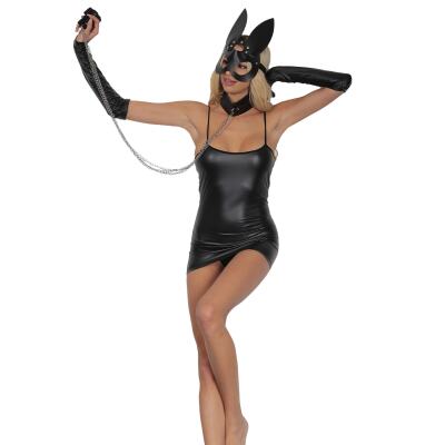 Kadın Siyah Deri Fantezi Kostüm Tavşan Harness Erotik Elbise