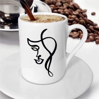 Karakalem Soyut Yüz Tasarımlı Kahve Fincanı -11