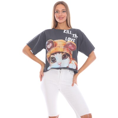 Kedi Baskılı Anstrasit Renk Kadın Sweatshirt