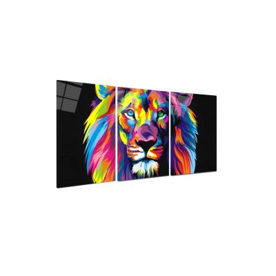 Dekoratif Cam Tablo, Duvar Süsü,Renkli Aslan Triple Cam Tablo