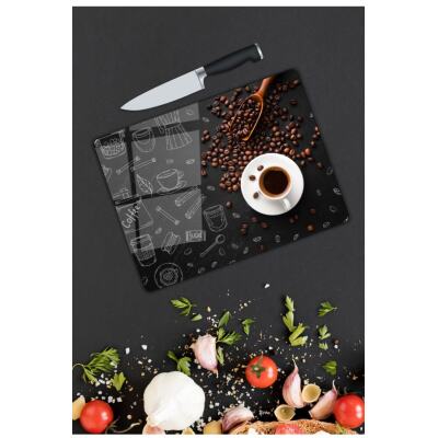 Grck Siyah Kahve Çekirdekleri Cam Kesme Tahtası 25 X 35 Cm Efsn