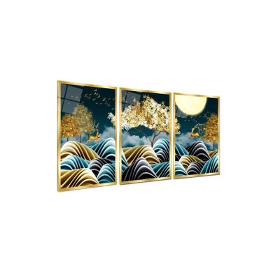 Ay Işığındaki Gold Geyikler Ve Mavi Tonlar Triple Cam Tablo