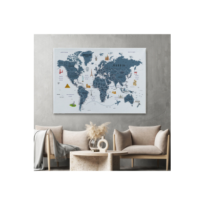 Dünya Haritası Son Derece Ayrıntılı Eğitici Ve Sembollü Kanvas Tablo 3187