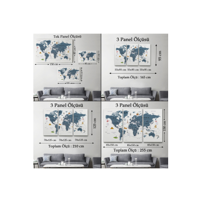 Dünya Haritası Son Derece Ayrıntılı Eğitici Ve Sembollü Kanvas Tablo 3187