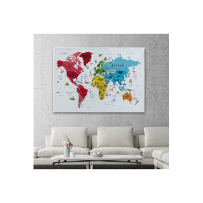 Dünya Haritası Son Derece Ayrıntılı Eğitici Ve Sembollü Dekoratif Kanvas Tablo 3223