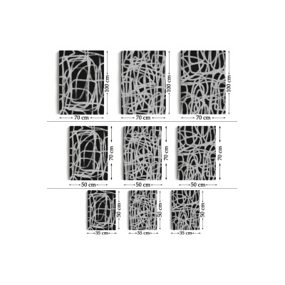 Siyah Zemin Üzerine Beyaz Şekiller Dekoratif Duvar Tablosu Üçlü Set-Eü-121