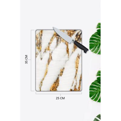 Oz  Beyaz Mermer Görünümlü | Cam Kesme Tahtası |  25 X 35 Cm
