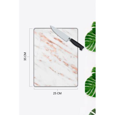 Lv  Beyaz Mermer Görünümlü | Cam Kesme Tahtası |  25 X 35 Cm