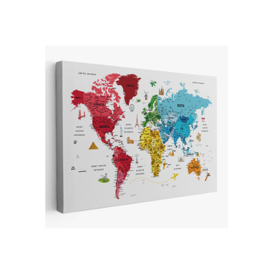 Türkçe Dünya Haritası Son Derece Ayrıntılı Eğitici Ve Sembollü Kanvas Tablo 3224