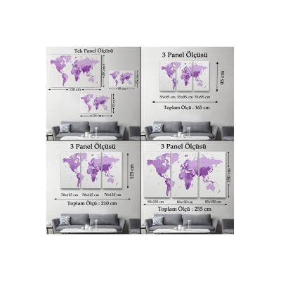 Erv Seri100 Dünya Haritası Mor Renkli Dekoratif Kanvas Tablo 1044