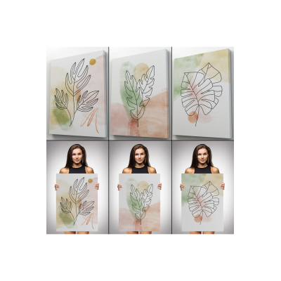3’Lü Tablo Suluboya Bitki Şekilleri Dekoratif Şık Ve Modern Duvar Tablo Seti-Bd-29