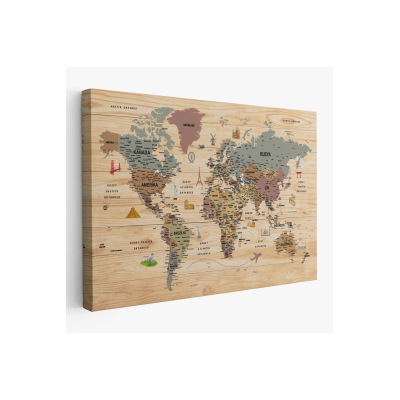 Ahşap Görünümlü Türkçe Dünya Haritası Sembollü Eğitici Dekoratif Kanvas Tablo 2951