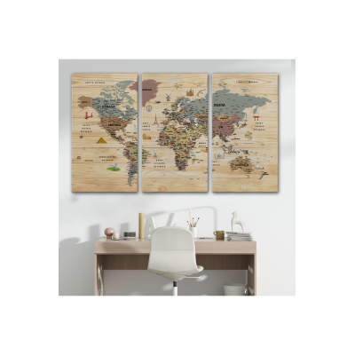 Ahşap Görünümlü Türkçe Dünya Haritası Sembollü Eğitici Dekoratif Kanvas Tablo 2951
