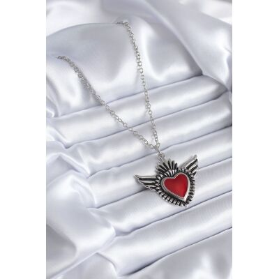 Lisinya943 Gümüş Renk Kanatlı Kırmızı Kalp Model Kadın Kolye