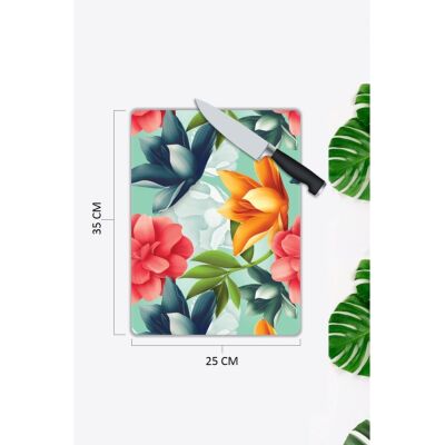 Renkli Çiçekler | Cam Kesme Tahtası | 25 X 35 Cm