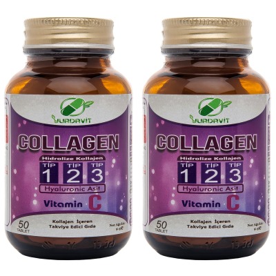 Yurdavit Hidrolize Collagen Kolajen Type Tip 1-2-3 Hyaluronic Acid Vitamin C 2X50 Tablet