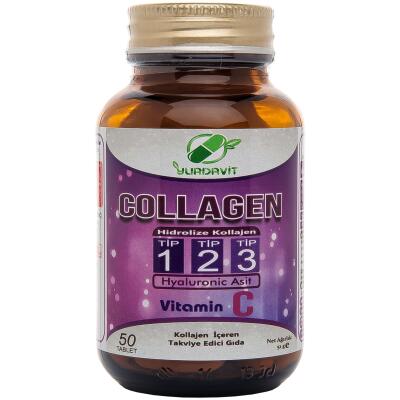 Yurdavit Hidrolize Collagen Kolajen Type Tip 1-2-3 Hyaluronic Acid Vitamin C 50 Tablet
