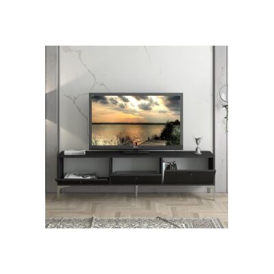 Etna Premium Gümüş Metal Ayaklı Dolaplı 160 Cm Tv Ünitesi - Wood Siyah / Gümüş