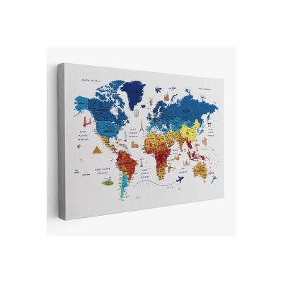 Türkçe Dünya Haritası Son Derece Ayrıntılı Eğitici Ve Sembollü Kanvas Tablo 3166