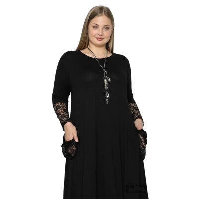 Schık Kadın Kol Cep Ve Etek Ucu Dantel Detaylı Uzun Kollu Elbise Siyah Sckwm24El01