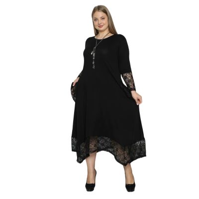Schık Kadın Kol Cep Ve Etek Ucu Dantel Detaylı Uzun Kollu Elbise Siyah Sckwm24El01