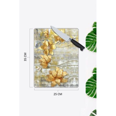 Gold Çiçekler | Cam Kesme Tahtası | 25 X 35 Cm