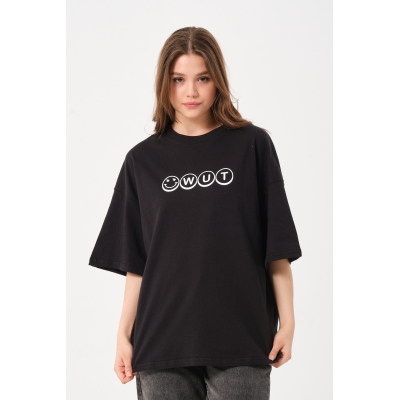 Unisex Lacivert Bisiklet Yaka Baskılı Oversize T-Shirt