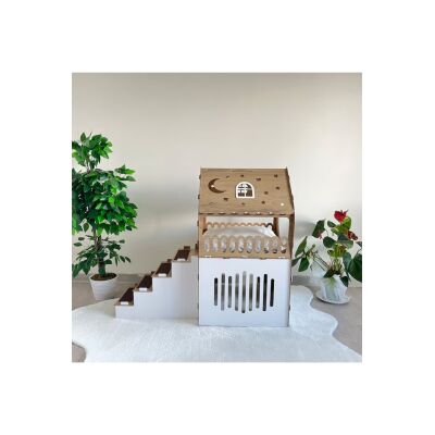 2 Katlı Merdivenli Kedi Evi, Köpek Evi, Tavşan Evi Mdf Beyaz-Meşe Orta Boy
