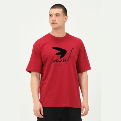 Erkek Kırmızı Owut Baskılı Oversize T-Shirt