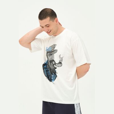 Erkek Ekru Baskı Detaylı Oversize T-Shirt