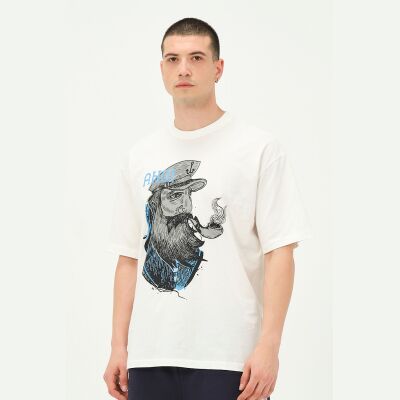 Erkek Ekru Baskı Detaylı Oversize T-Shirt