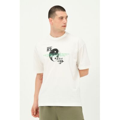 Erkek Ekru Sırt Baskı Detaylı Oversize T-Shirt