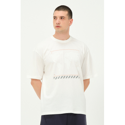 Erkek Ekru Harita Baskılı Oversize T-Shirt