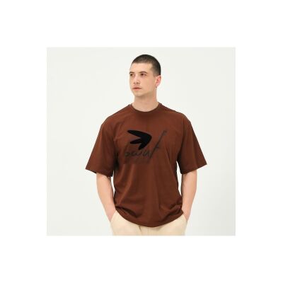 Erkek Kahverengi Flok Baskı Detaylı Oversize T-Shirt