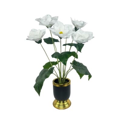 Yapay Çiçek Islak Manolya Çiçeği 6 Çiçekli 65Cm Gold Siyah Darbuka Galvaniz Vazoda Salon Çiçeği