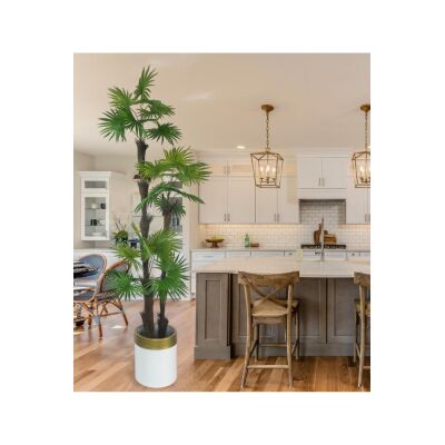 Yapay Ağaç Palmiye Fanpalm 3Katlı 24Yaprak Gold Kemerli Beyaz Saksıda 165*65Cm