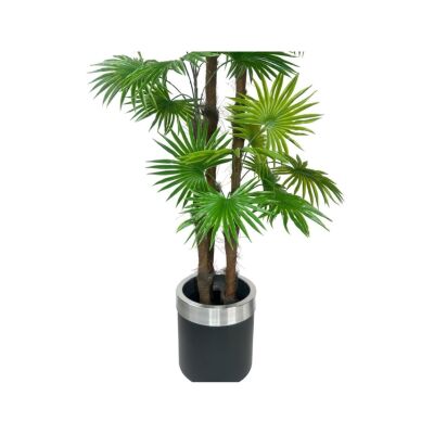 Yapay Ağaç Yelpaze Palmiye 4Katlı Fanpalm 32 Yaprak Gümüş Kemerli Siyah Saksıda 170*65Cm