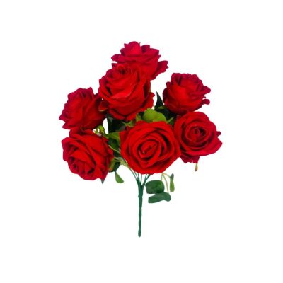 Yapay Çiçek Kadife Kırmızı Gül Demeti 7 Dallı 35*25Cm 7Cm Gül Büyükboy Kırmızı