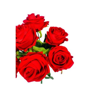 Yapay Çiçek Kadife Kırmızı Gül Demeti 7 Dallı 35*25Cm 7Cm Gül Büyükboy Kırmızı