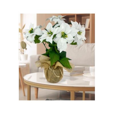 Yapay Çiçek Atatürk Çiçeği Keten Saksılı Yapay Bitki Salon Çiçeği Beyaz