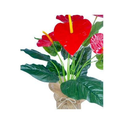 Yapay Çiçek Antoryum Keten Saksılı Yapay Bitki Salon Çiçeği Kırmızı