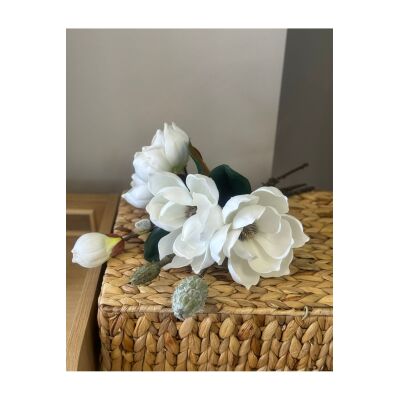 Yapay Çiçek Lüx Manolya Gerçek Dokulu Letex Eva Magnolia Gelin Çiçeği 40Cm Beyaz