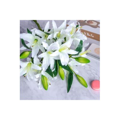 3Lü Set Yapay Çiçek Beyaz Lilyum 3 Kafalı Uzun Dal Çiçek Zambak Lily Flowers 80Cm