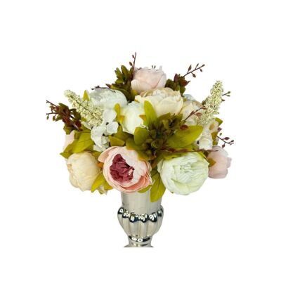 Yapay Çiçek Aranjmanı Pembe Beyaz Krem Rengi Gümüş Cam Vazoda Nişan Çiçeği İsteme Çiçeği