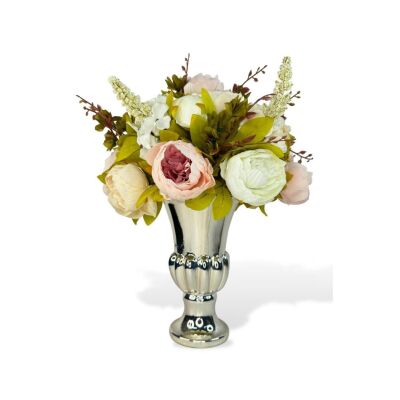 Yapay Çiçek Aranjmanı Pembe Beyaz Krem Rengi Gümüş Cam Vazoda Nişan Çiçeği İsteme Çiçeği