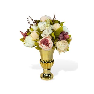 Yapay Çiçek Aranjmanı Pembe Beyaz Krem Rengi Gold Cam Vazoda Nişan Çiçeği İsteme Çiçeği