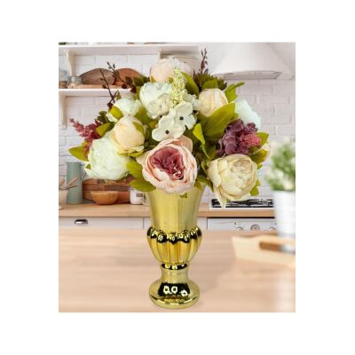 Yapay Çiçek Aranjmanı Pembe Beyaz Krem Rengi Gold Cam Vazoda Nişan Çiçeği İsteme Çiçeği