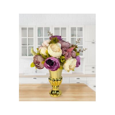Yapay Çiçek Aranjmanı Mor Pembe Gülkurusu Rengi Gold Cam Vazoda Nişan Çiçeği İsteme Çiçeği
