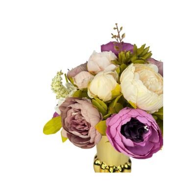 Yapay Çiçek Aranjmanı Mor Pembe Gülkurusu Rengi Gold Cam Vazoda Nişan Çiçeği İsteme Çiçeği