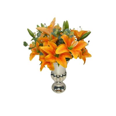 Yapay Çiçek Aranjmanı Somon Lilyum Gümüş Cam Kupa Vazoda Nişan Çiçeği İsteme Çiçeği